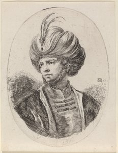 Mladý Moor s mírným plnovousem a opeřeným turbanem, otočený doleva od Stefano della Bella