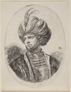 Mladý Maur s řídkým vousem a turbanem s pery, obrácený doleva od Stefano della Bella