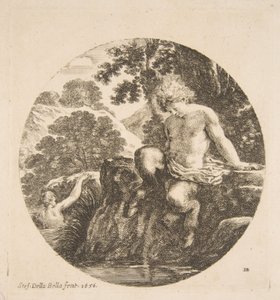 Mladý Satyr se chystá vykoupat v řece, z „Krajiny a námořní přístavy“ Paysages et ports d..., 1656. od Stefano della Bella