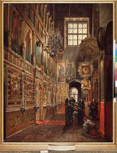 Bohoslužba v katedrále Zvěstování Panny Marie v moskevském Kremlu - obraz Štěpána Michajloviče Šuchvostova (1821-1908), olej na plátně od Stepan Mikhailovich Shukhvostov