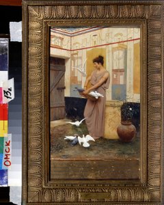 Femme et colombes (Žena s holubicemi). Obraz Štěpána (Stefana) Vladislavoviče Bakaloviče (1857-1947). Huile sur bois. Regionální muzeum umění M. Vrubela, Omsk