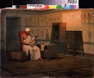 Egyptský kněz čte papyrus. Obraz Štěpána Vladislavoviče Bakaloviče (1857-1947). Olej na plátně, 37 x 50 cm, po 1903. Ruské umění, konec 19. začátek 20. století. Státní muzeum umění, Irkutsk (Rusko