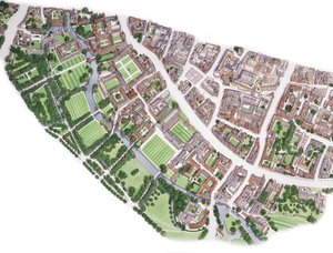Letecký pohled na Cambridge (kresba 1996), asi 1990-2005 (tuš a akvarel) od Stephen Conlin