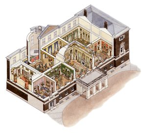 Devonshire House, Piccadilly, Londýn, asi 1860-1910 (tuš a akvarel) od Stephen Conlin