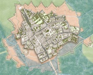 Moderní Oxford nad obranou z občanské války, cca 1644-1646 (tuš, akvarel, digitální úprava) od Stephen Conlin