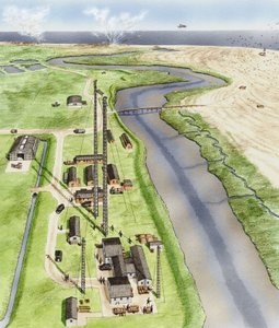 Orford Ness, Suffolk, asi 1935-1945 (tuš, airbrush, akvarel) od Stephen Conlin