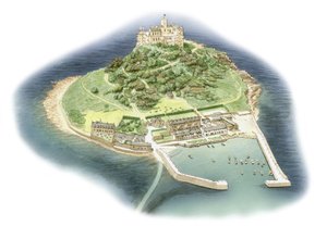 Hora svatého Michala, Cornwall, asi 1900-2023 (tuš, airbrush a akvarel) od Stephen Conlin