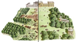 Vývoj krajinářských zahrad Stowe, Buckinghamshire, asi 1741-1780 (tuš a akvarel)