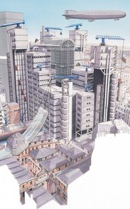 Budova Lloyds, Londýn, asi 1987-1995 (tuš a akvarel) od Stephen Conlin