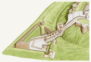 Ostruha, hrad Dover, Kent, asi 1800-2023 (tuš a akvarel) od Stephen Conlin