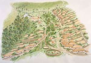 Středověká vesnice Wharram Percy, Severní Yorkshire, 13. století c2000