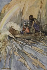 „Doneste nás rychle, člun Manananu, do zahrady Hesperidek, ilustrace z „Vznešené skutky Finna a další bardské romance starověkého Irska“ od T.W. Rolleston (barva lito) od Stephen Reid