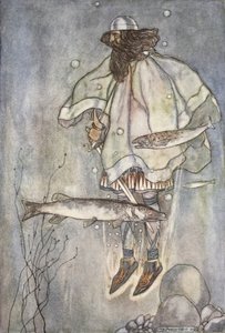 Fergus jde dolů do jezera, ilustrace z „The High Deeds of Finn and other Bardic Romances of Ancient Ireland“ od T.W. Rolleston (barva lito) od Stephen Reid