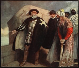 Rytíři Bílého kříže ve Fort of Saint Angelo, ilustrace z „Helmet & Cowl: Stories of Monastic and Military Orders“ W.M. Letts a M.F.S. Letts od Stephen Reid