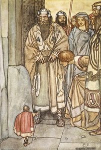 Všichni se odebrali, pánové a dámy, aby si prohlédli malého muže, ilustraci z „The High Deeds of Finn, and other Bardic Romances of Ancient Ireland“ od T.W. Rolleston (barva lito) od Stephen Reid