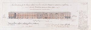 Návrh domů na obou stranách zamýšlené ulice tak, aby se táhl v pravé linii od Mansion-House k More-Gate, pokorně navržený ke zvážení, 1762 (wc nad perem a grafitem na papíře) od Stephen Riou