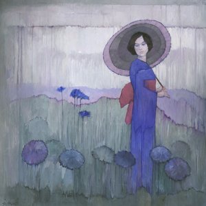 Modré kimono s motivem lotosového pole