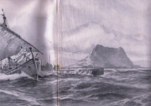 Německá ponorka proplouvající Gibralterským průlivem na cestě do Dardenel, z hospody Ilustrovaná historie světové války 1914-1915. od Union Berlagsefellfchaft