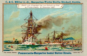 Německé válečné lodě Stein a Charlotte v Port au Prince Harbour, Haiti, během Ludersovy aféry, 6. prosince 1897 (chromolitho)
