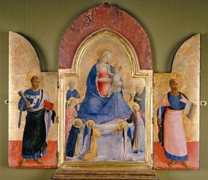 Panna a dítě s anděly a svatý dominikán, svatý Petr vlevo, svatý Pavel vpravo, 15. století od Studio of Fra Angelico