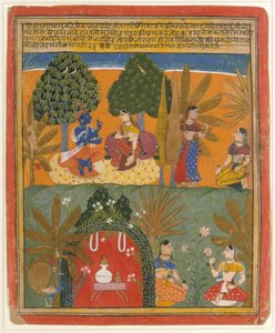 Krishna a Radha se svými důvěrníky: Stránka z rozptýlené Gita Govindy, ca. 1655-60. od Style of Manohar