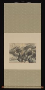 Deštivá krajina, konec 18. století (albový list v podobě závěsného svitku; tuš a barva na bastovém vlákně) od Su-gyu Kim