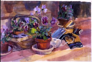 Potting up the macešky, 1996, (kvaš na kartě)