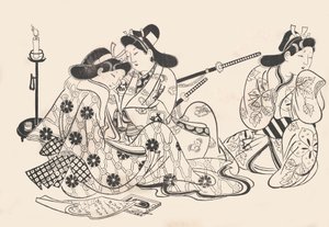 Samuraj a kurtizána sedí, sluha vedle nich, ca. 1685, ca. 1685.
