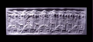 Otisk těsnění válce, Uruk (nyní Warka, Irák), cca 3300-3000 př.nl (sádra)