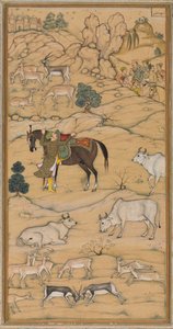 Akbar Mounting his Horse, stránka z Chester Beatty Akbar Nama Historie Akbaru, 1605-07. od Sur Das Gujarati