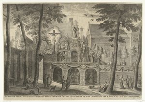 Stellage postavená v Antverpách u příležitosti kanonizace Petra z Alcantary v roce 1669 Vyobrazení kamenné skály na počest sv. Petra Alcantary při svatořečení X. září. MDCLXIX do Antverp (název na objektu) od Susanna Verbruggen (possibly)