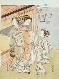Lady and Her Attendant Meet a Messenger (dřevěný tisk) od Suzuki Harunobu