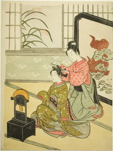 Podzimní měsíc v zrcadle (Kyodai no Shugetsu), ze série "Osm pohledů do salonu (Zashiki hakkei)" od Suzuki Harunobu