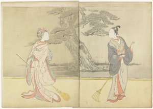 Tisk kalendáře Meiwa 2 a Mitate of the No_ Play Takasago, 1765 od Suzuki Harunobu