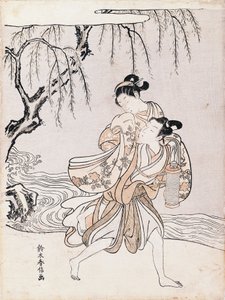 Pár na břehu řeky, Suzuki Harunobu (1725-1770), inkoust a barvy, Japonsko, japonská civilizace, období Edo od Suzuki Harunobu