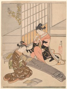 Sestupné husy z kotských mostů (Kotoji no rakugan), ze série „Osm pohledů do salonu (Zashiki hakkei)“ od Suzuki Harunobu