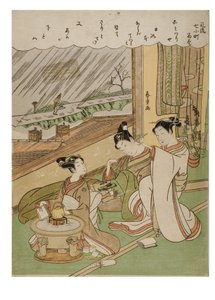 Módní 7 Komachi -Komachi Amagoi, kolem 1772-1773 (dřevěný tisk na papíře) od Suzuki Harunobu