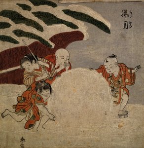 Čtyři chlapci tvoří sněhovou kouli, cca 1768 (barevný dřevořez) od Suzuki Harunobu