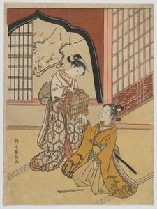 Milenci s ptačí klecí, období Edo, asi 1766-67 (barevný dřevoryt) od Suzuki Harunobu