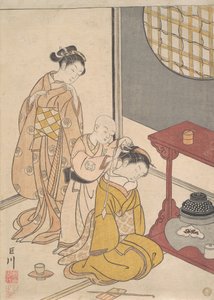 Noční déšť u stojanu s dvojitou policí, asi 1766 (dřevoryt) od Suzuki Harunobu