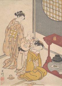 Noční déšť na dvoupolicovém stánku, ze série Osm výhledů do salonu Zashiki hakk..., ca. 1766. od Suzuki Harunobu