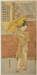 Noční déšť Genjo (Genjo no yau), ze série „Parodie osmi scén z Noh Chants (Furyu utai hakkei)“ od Suzuki Harunobu