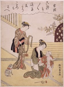 S.312-1941 Matka oblékala svého malého syna do kimona, (barevný dřevotisk) od Suzuki Harunobu