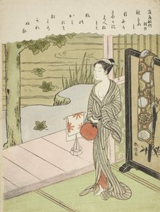 Báseň Fujiwara no Toshiyuki, z nepojmenované série Třicet šest nesmrtelných básníků, cca 1767-68 od Suzuki Harunobu