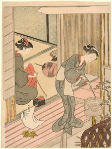 Vracející se plachty věšáku na ručníky (Tenugui-kake no kihan), ze série „Osm pohledů na salon (Zashiki hakkei)“ od Suzuki Harunobu