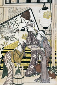 Sluhové dřející doma, umělecký tisk ukiyo-e od Suzuki Harunobu (1725-1770), dřevoryt, japonská civilizace, období Edo od Suzuki Harunobu