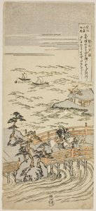 Sunset Glow at Seta (Seta Sekisho), ze série "Osm pohledů na Omi (Omi Hakkei No Uchi)" od Suzuki Harunobu