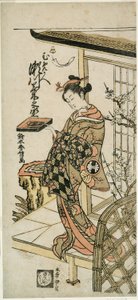 Herec Segawa Kikunojo II jako kurtizána Umegae ve hře „Hiragana Seisuiki“, která vystoupila v divadle Ichimura v prvním měsíci roku 1764. od Suzuki Harunobu