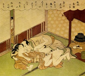 Two Lovers Shunga - erotický dřevotisk, cca. 1750