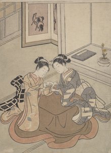 Dvě mladé ženy sedící u kotatsu hrající kočičí kolébku, ca. 1765, ca. 1765.